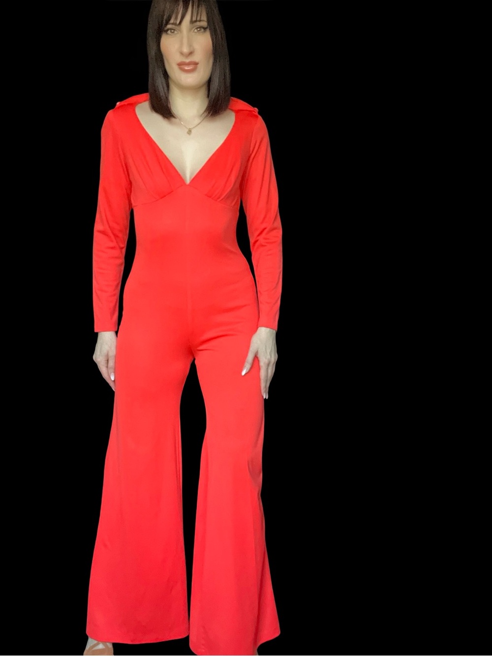Vintage FREDERICKS OF HOLLYWOOD 1970's Red Hooded Backless Bellbottom Jumpsuit